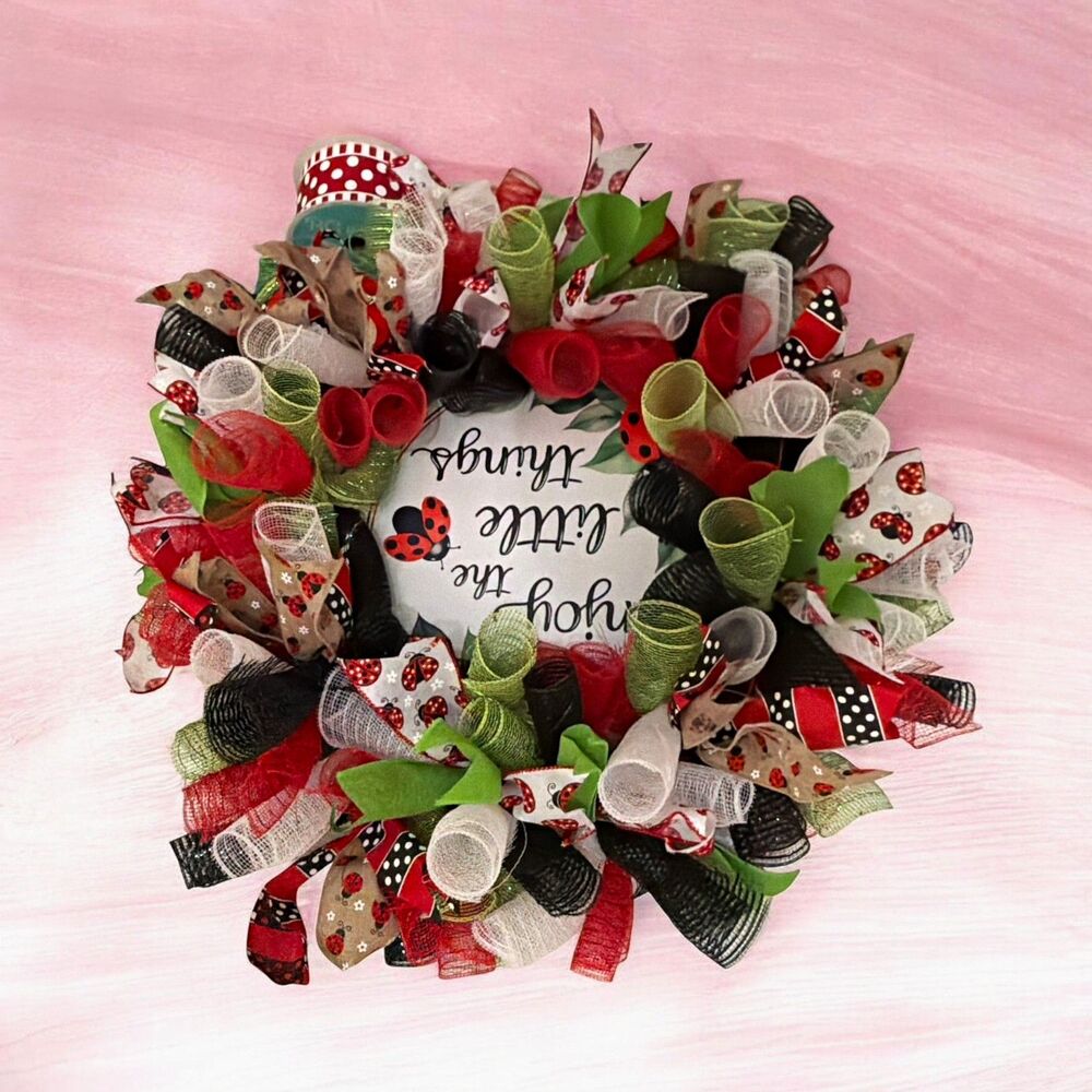 Ladybug Deco Mesh Wreath Decoration w/ "Enjoy the Little Things" Handmade 22”